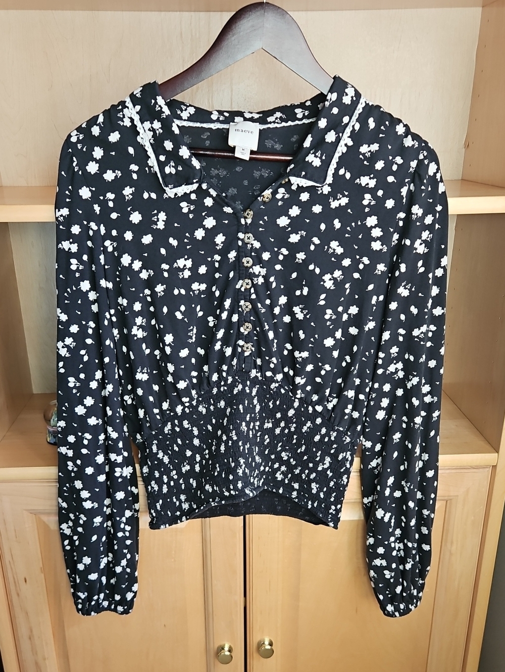 Maeve Anthropologie Smocked Floral Blouse Long-Sleeve Bohemian 100% Cotton